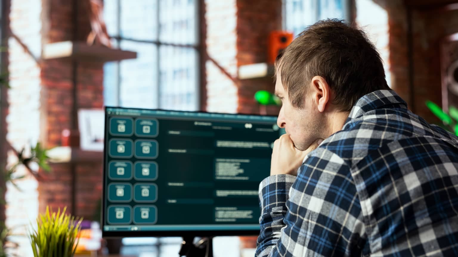 Muž pracuje u počítače v domácí pracovně — práce z domova a home office